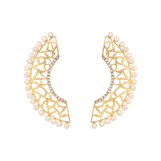 Nuyug 22K Gold-Plated Zircon Studded & Pearl Beaded Contemporary Shaped Statement Stud Earrings | Swadesiicart