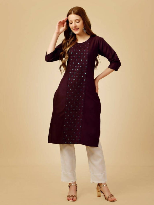 Aastha Fashion Women's Wine Cotton Blend Embroidered Kurta Pant Set - Grab2buy