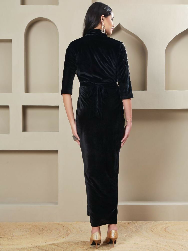 Joban Fashion Women Black Velvet Hand Embellishment Stitched Dress