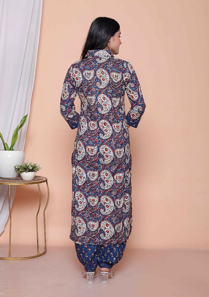 Miravan Womens Cotton Floral Printed Shirt-Collar Straight Kurta And Palazzo Set