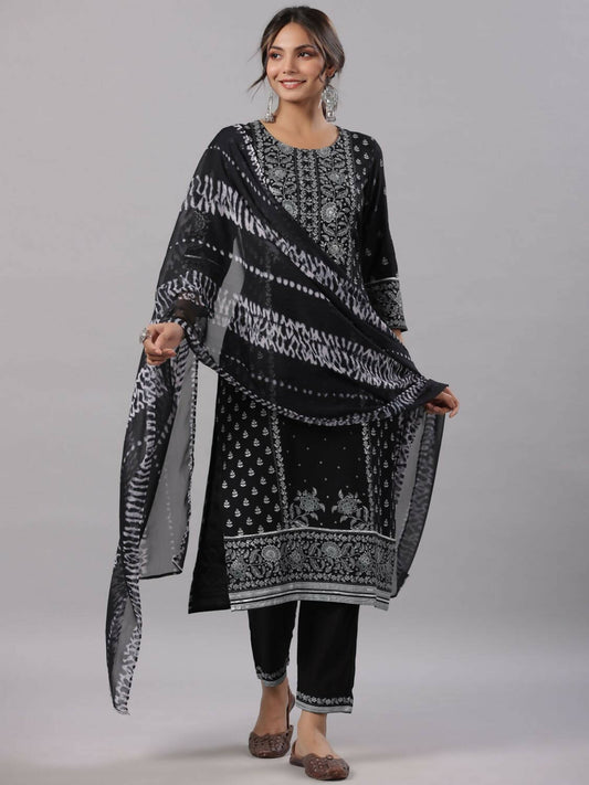 Juniper Women Black Rayon Staple Kalamkari Printed Kurta, Pants and Dupatta Set