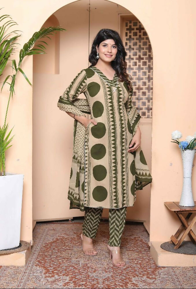 Miravan Womens Polka Dot Printed V-Neck Kurta With Palazzo And Dupatta Set