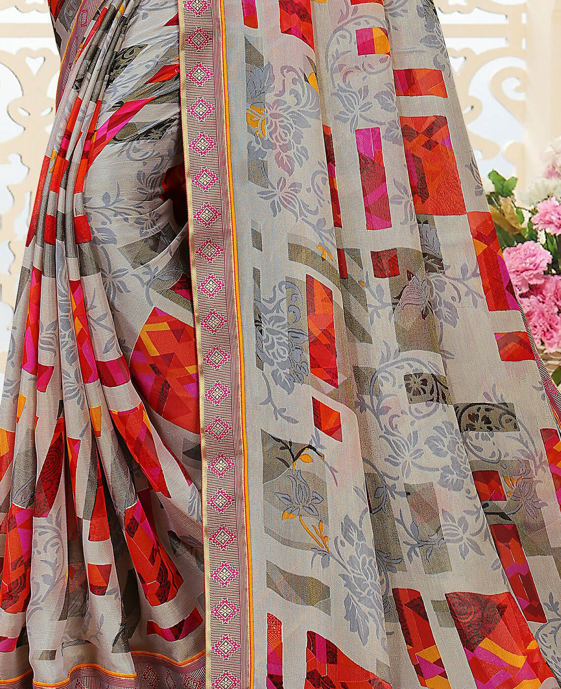 Grey Chiffon Brasso Printed Saree With Unstitched Blouse Piece - Jyoti