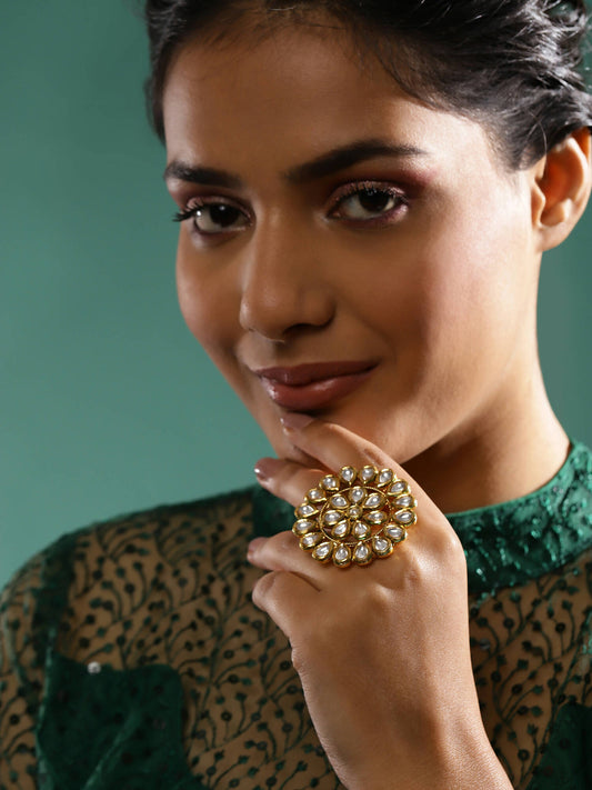 Gold-Plated White Kundan-Studded Adjustable Finger Ring - Ruby Raang - Grab2buy