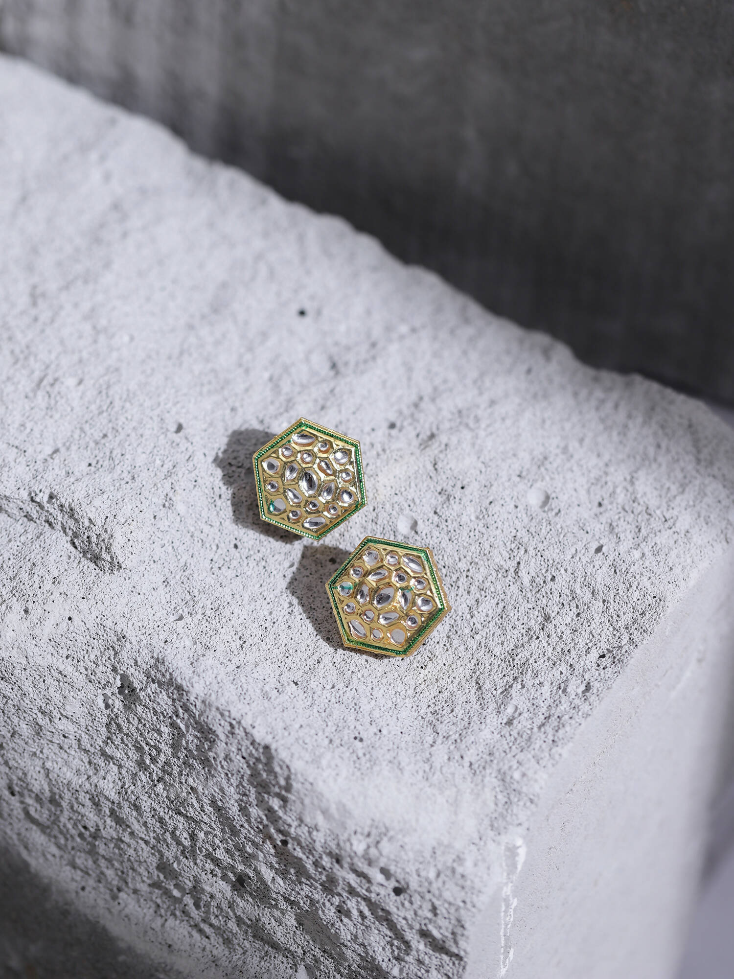 Gold-Toned White Kundan Contemporary Gold-Plated Studs Earrings - Ruby Raang - Grab2buy