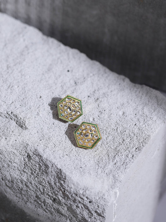 Gold-Toned White Kundan Contemporary Gold-Plated Studs Earrings - Ruby Raang - Grab2buy