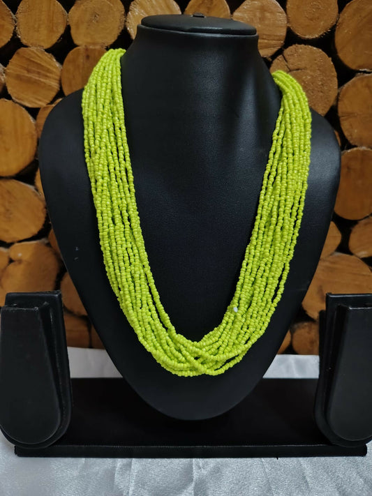 Inhanns Vibrant Handmade 20 Layers Beaded Necklace With Matching Earrings - Neon Green