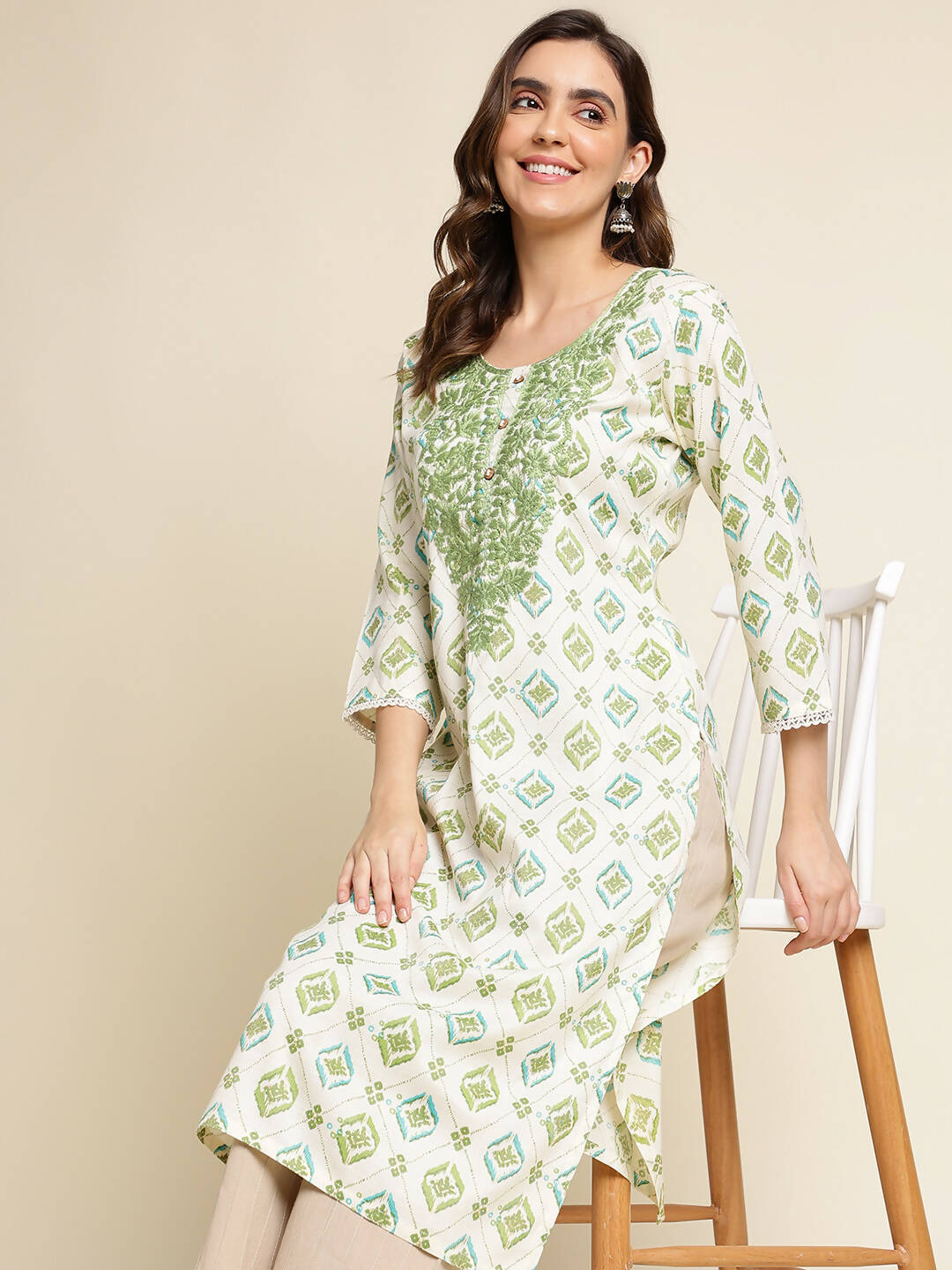 Green Poly Rayon Aztec Printed Straight Fit Kurta - Prasuti