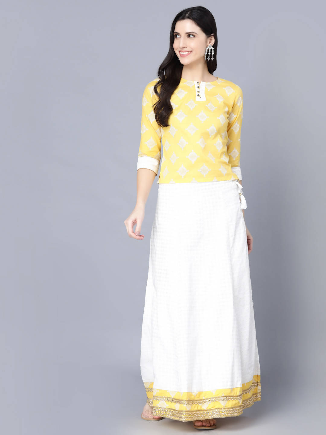 Myshka Yellow White Printed Ready to Wear Lehenga