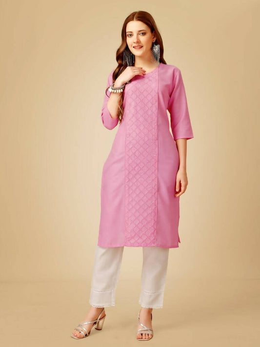 Aastha Fashion Women's Pink Cotton Blend Embroidered Kurta Pant Set - Grab2buy