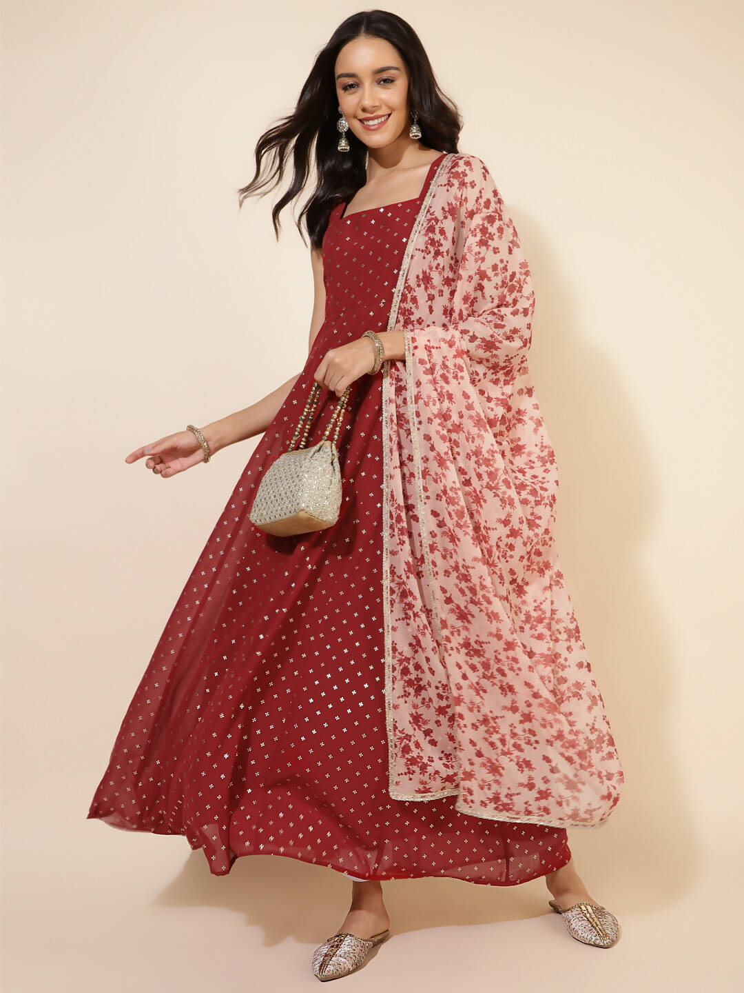 Janasya Women's Red Georgette Foil Printed Festive Anarkali Kurta Set 