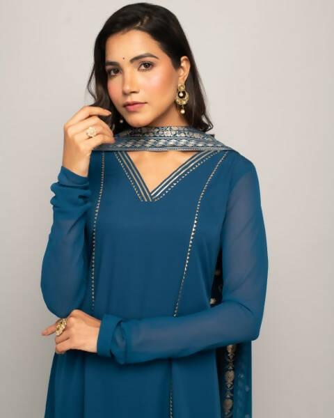FIORRA Women's Teal Blue Creap A-Line Kurta Pant With Dupatta 