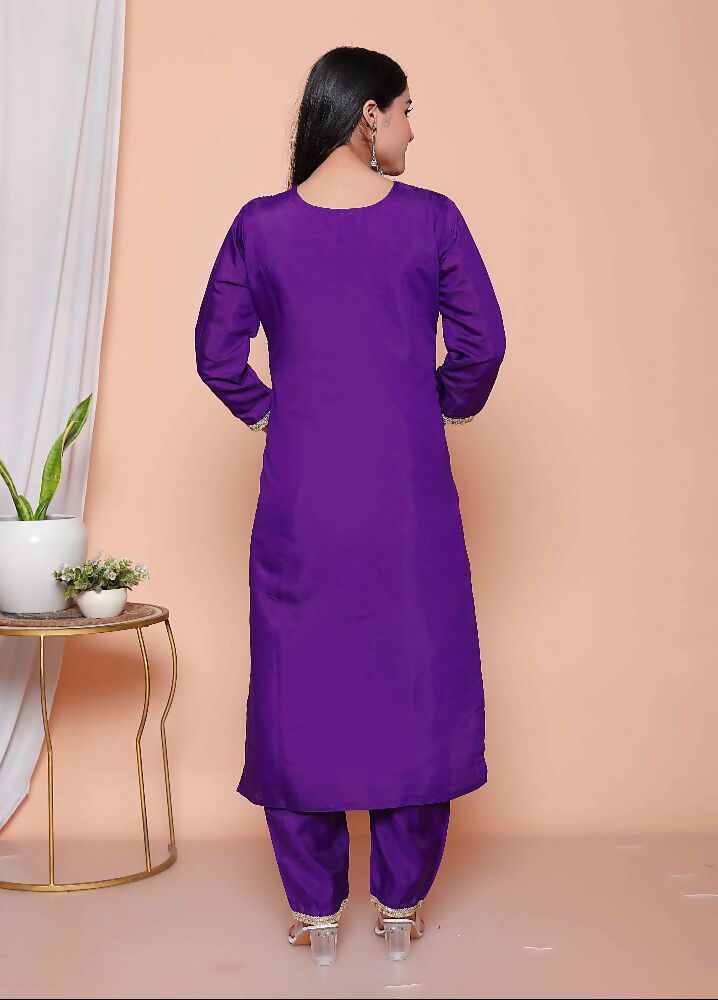 Miravan Womens Purple Muslin Straight Kurta And Palazzo With Dupatta Suit Set