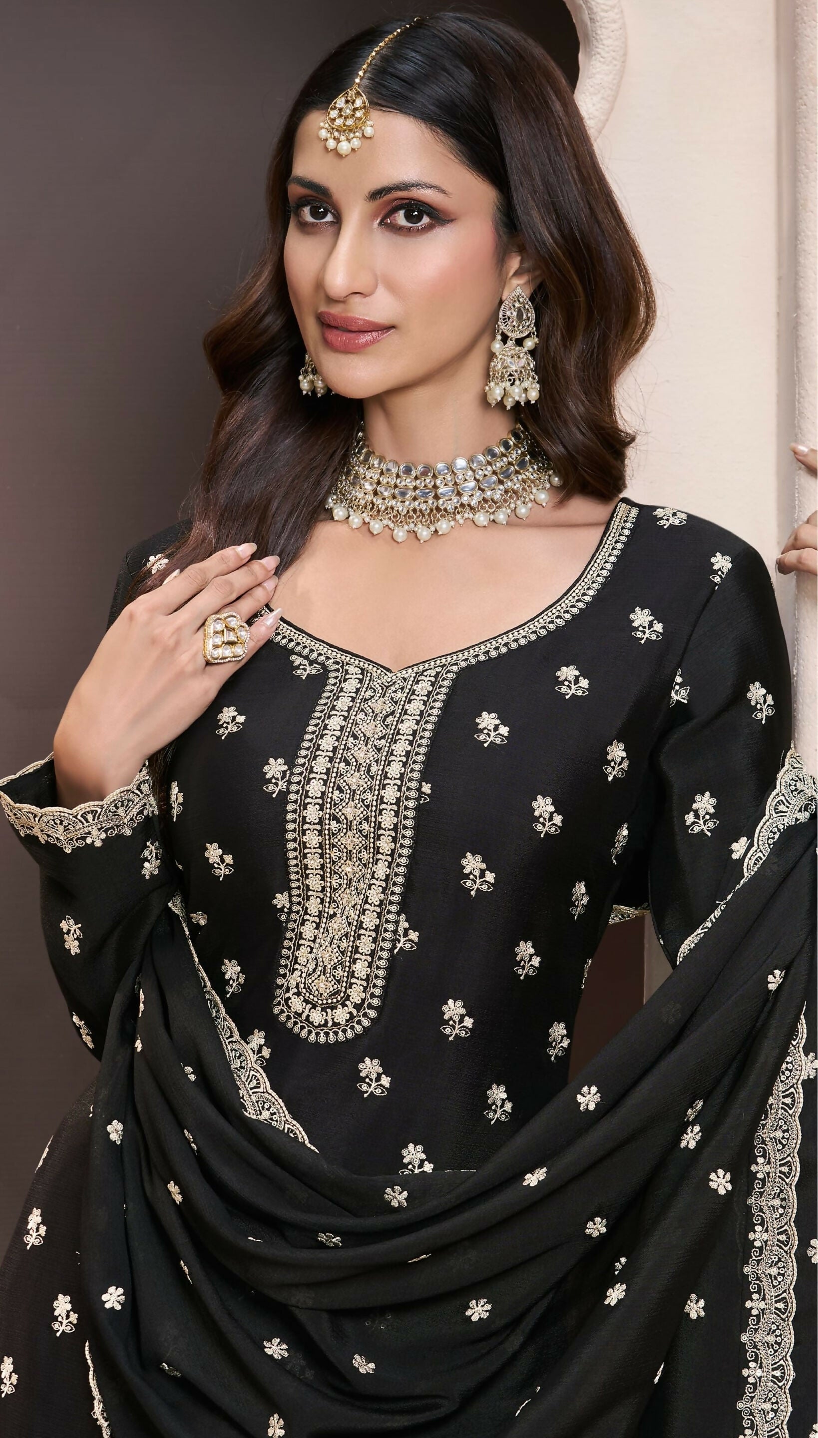 Anaita Black Chinon Embroidered Thread Work Stitched Salwar Suit