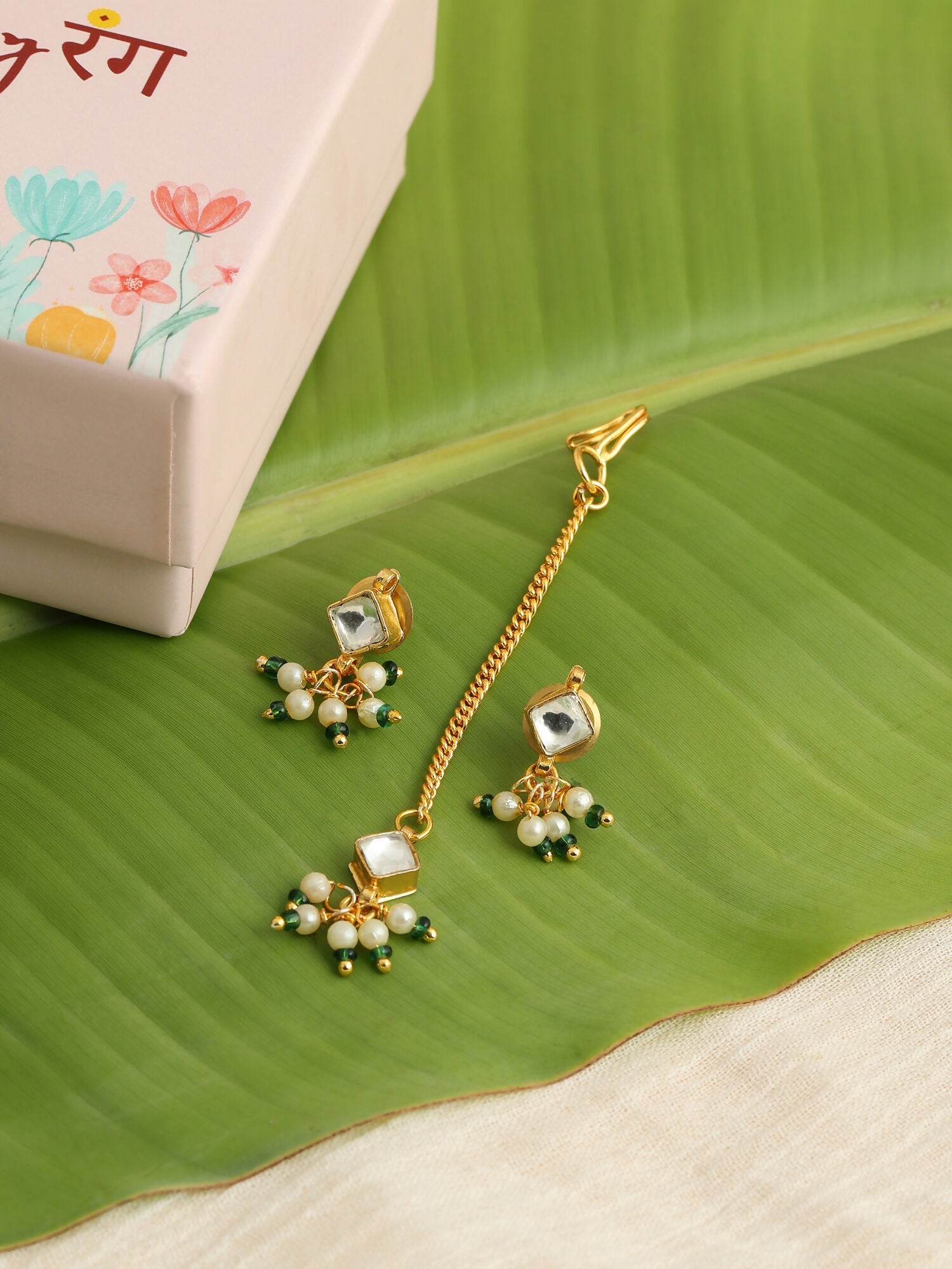 Ruby Raang Double Color Drops Maang Tikka And Earrings Set