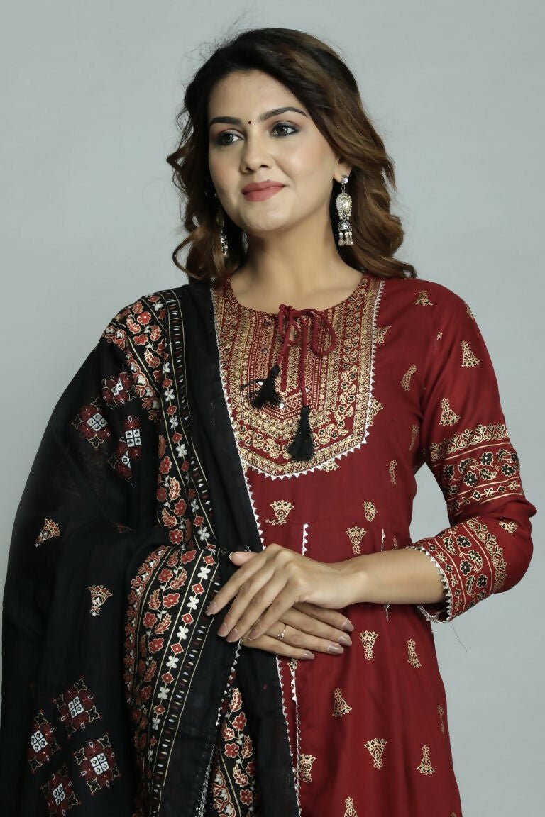 Alvano Women's Stylish Anarkali Kurti with Pant and Dupatta for Women and Girls (Maroon)