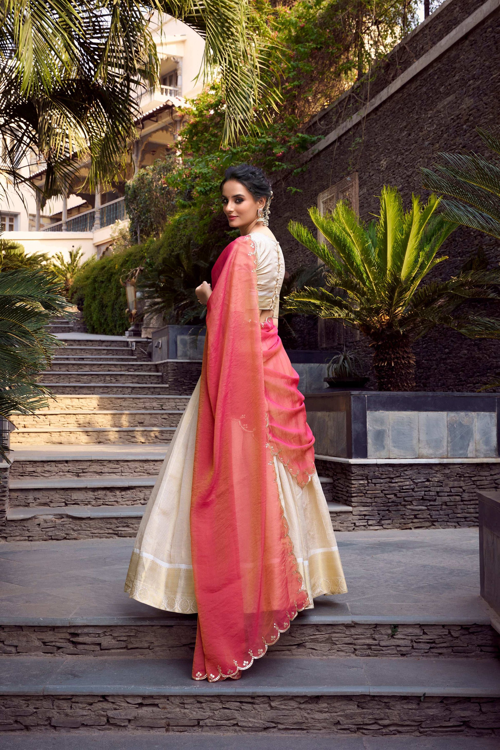 Evanik Off White South Style Jecquard Chex Zari Weaving Work Unstitched Lehenga Choli