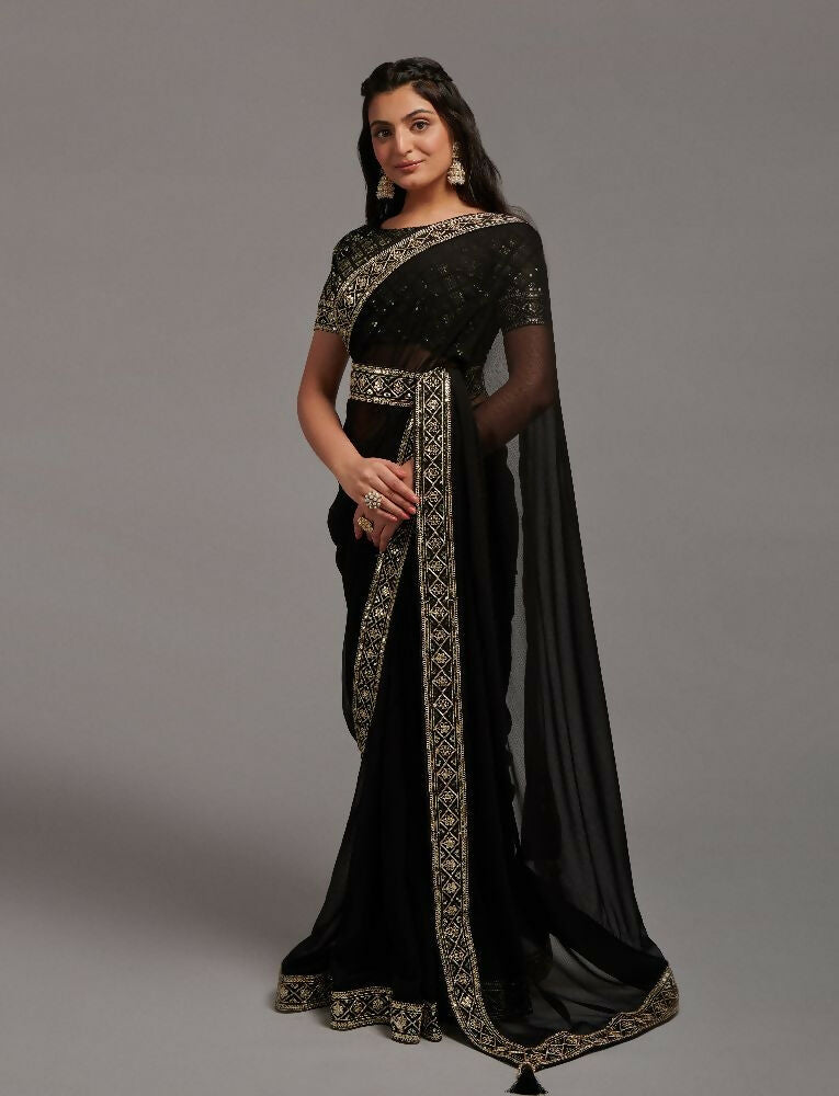 PR Fashion Black Zometo Embroidery Lace Saree