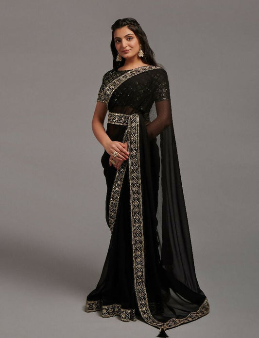 PR Fashion Black Zometo Embroidery Lace Saree
