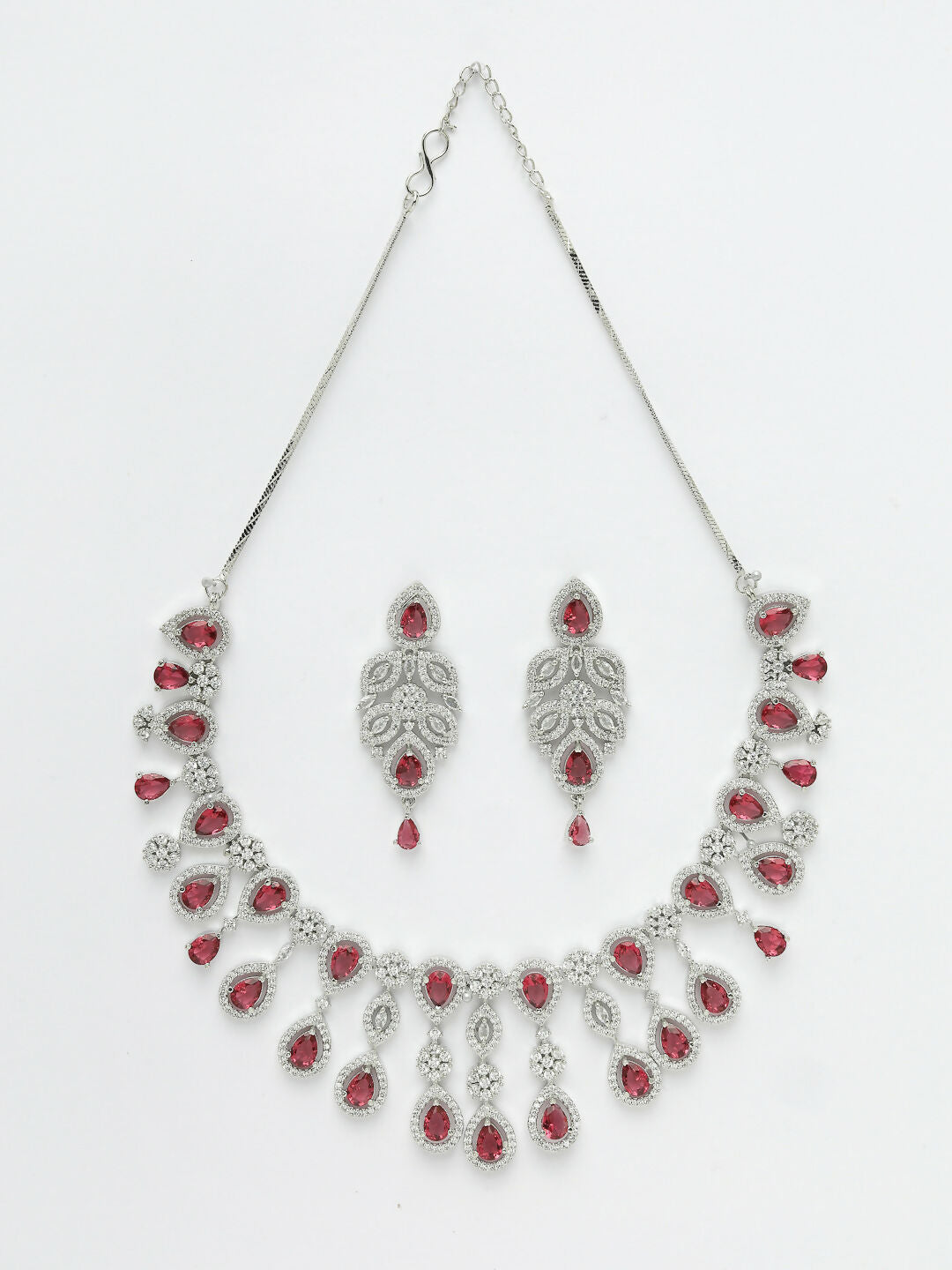 NVR Women's silver plated Maroon CZ stone handcrafted jewellery set - Grab2buy