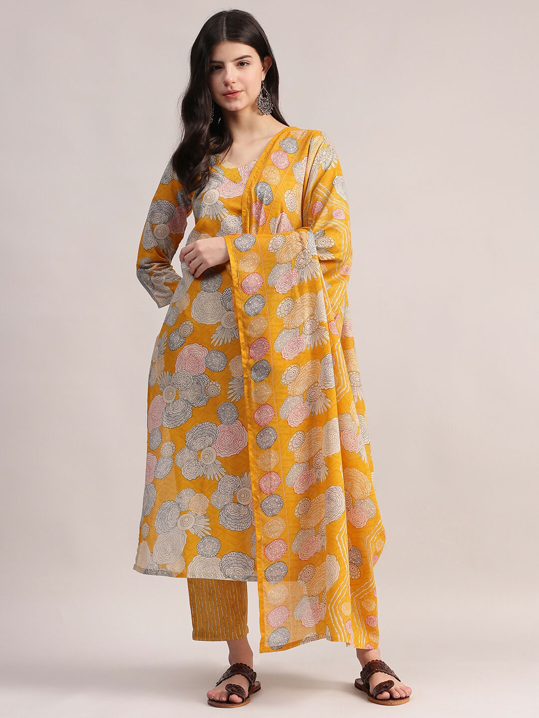 Aavyora Women Yellow Floral Printed Kurta with Striped Pants & Dupatta Set | Grab2Buy