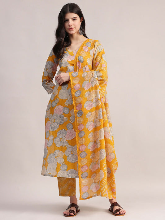 Aavyora Women Yellow Floral Printed Kurta with Striped Pants & Dupatta Set | Grab2Buy