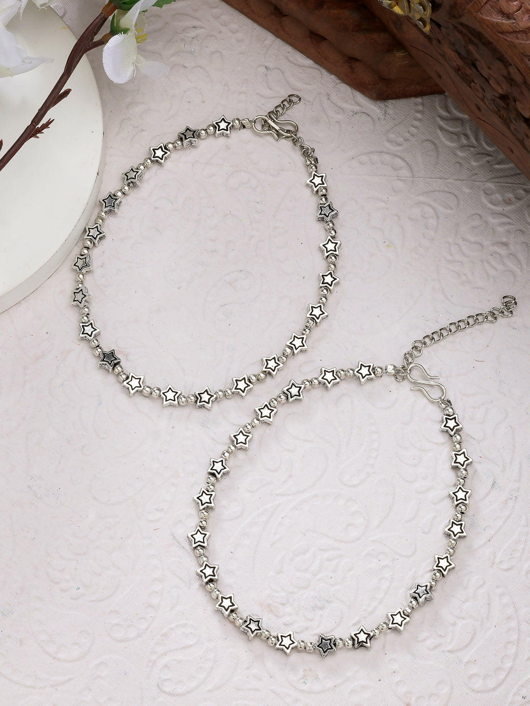 NVR Women's Set of 2 Silver-Plated Star Design Anklets 