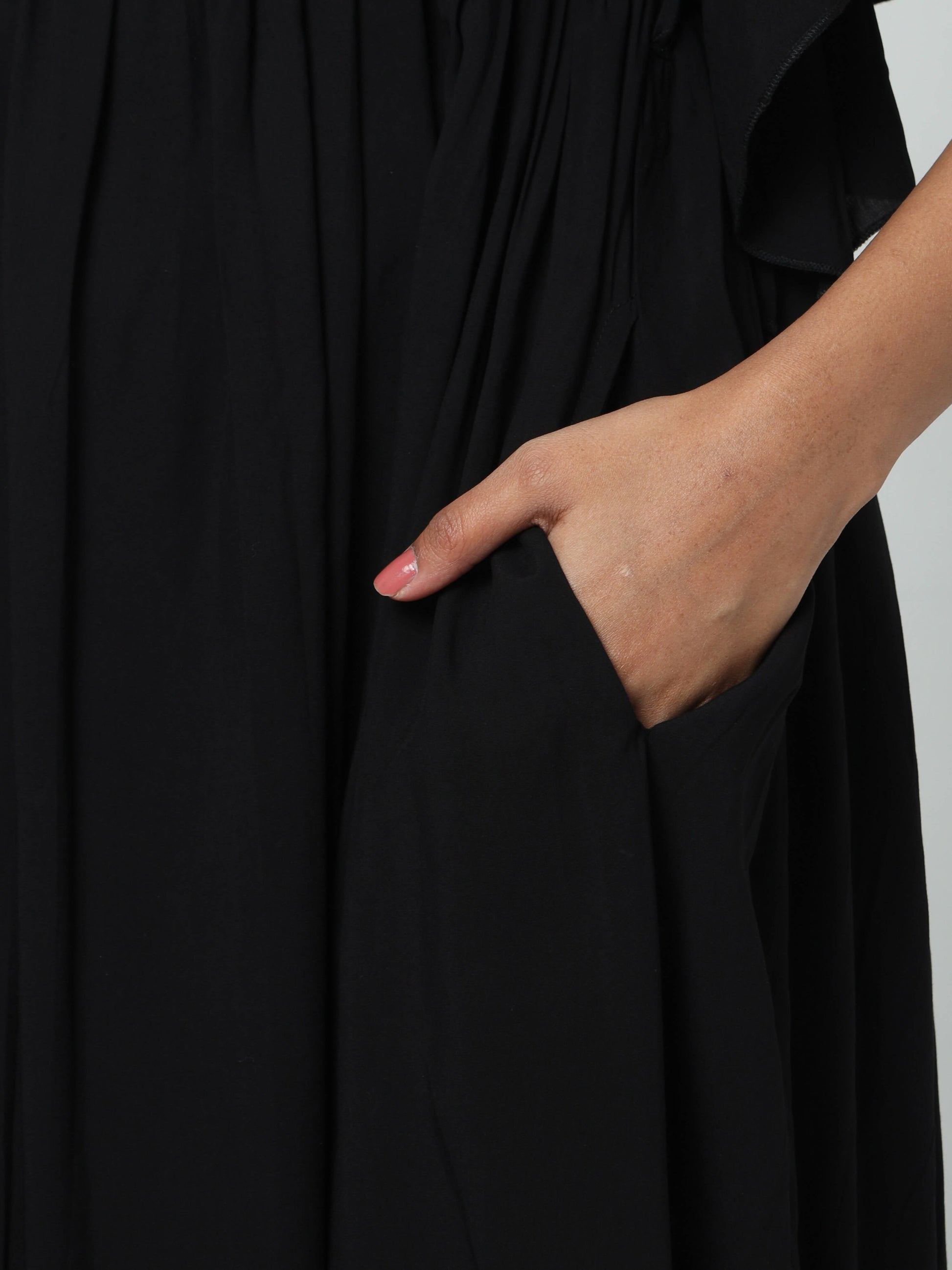 Manet Maternity Frill Slevee Solid Dress With Concealed Zipper Nursing Access - Black
