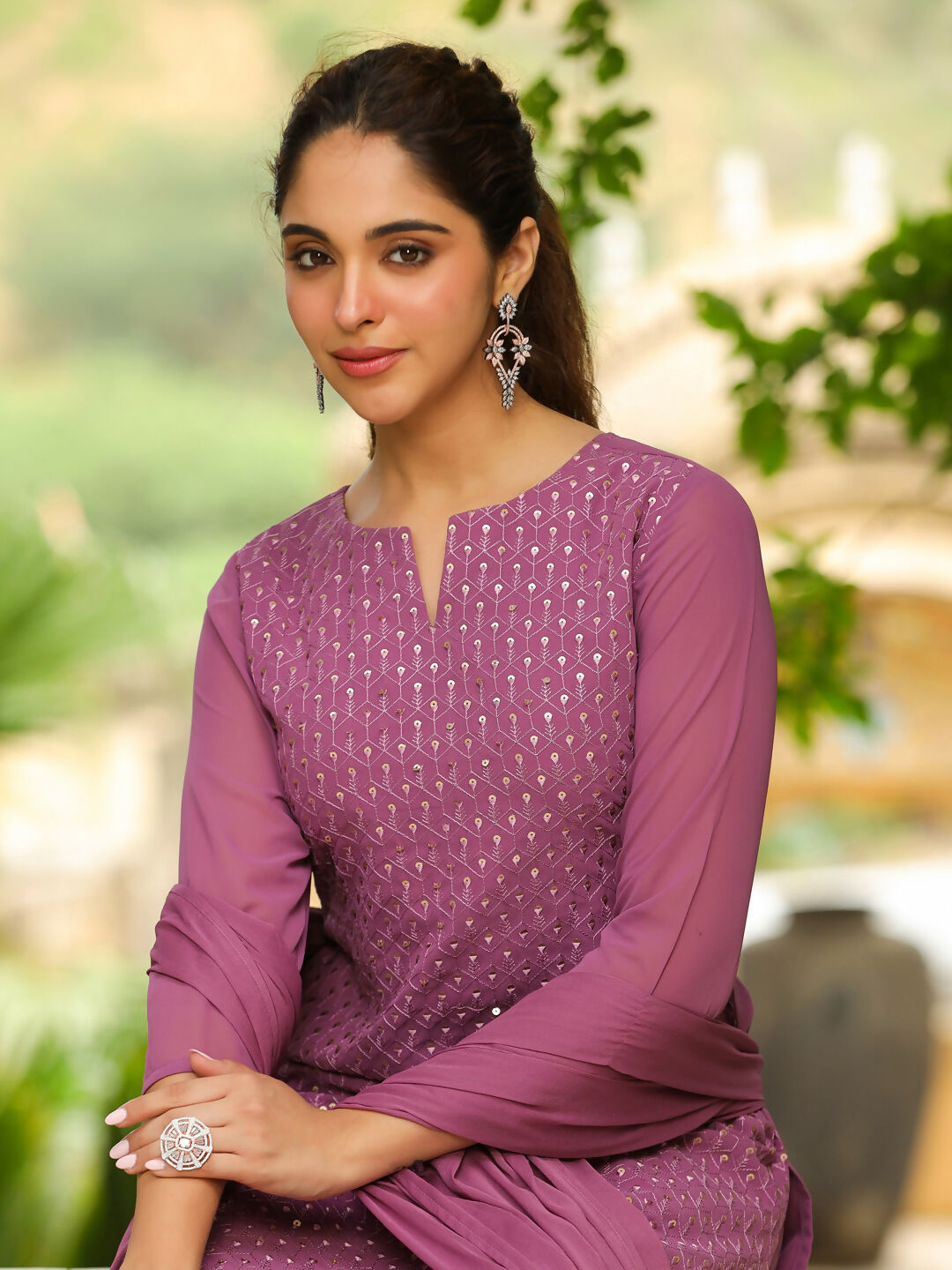 Janasya Lavender Georgette Embroidered Kurta,Bottom & Dupatta 