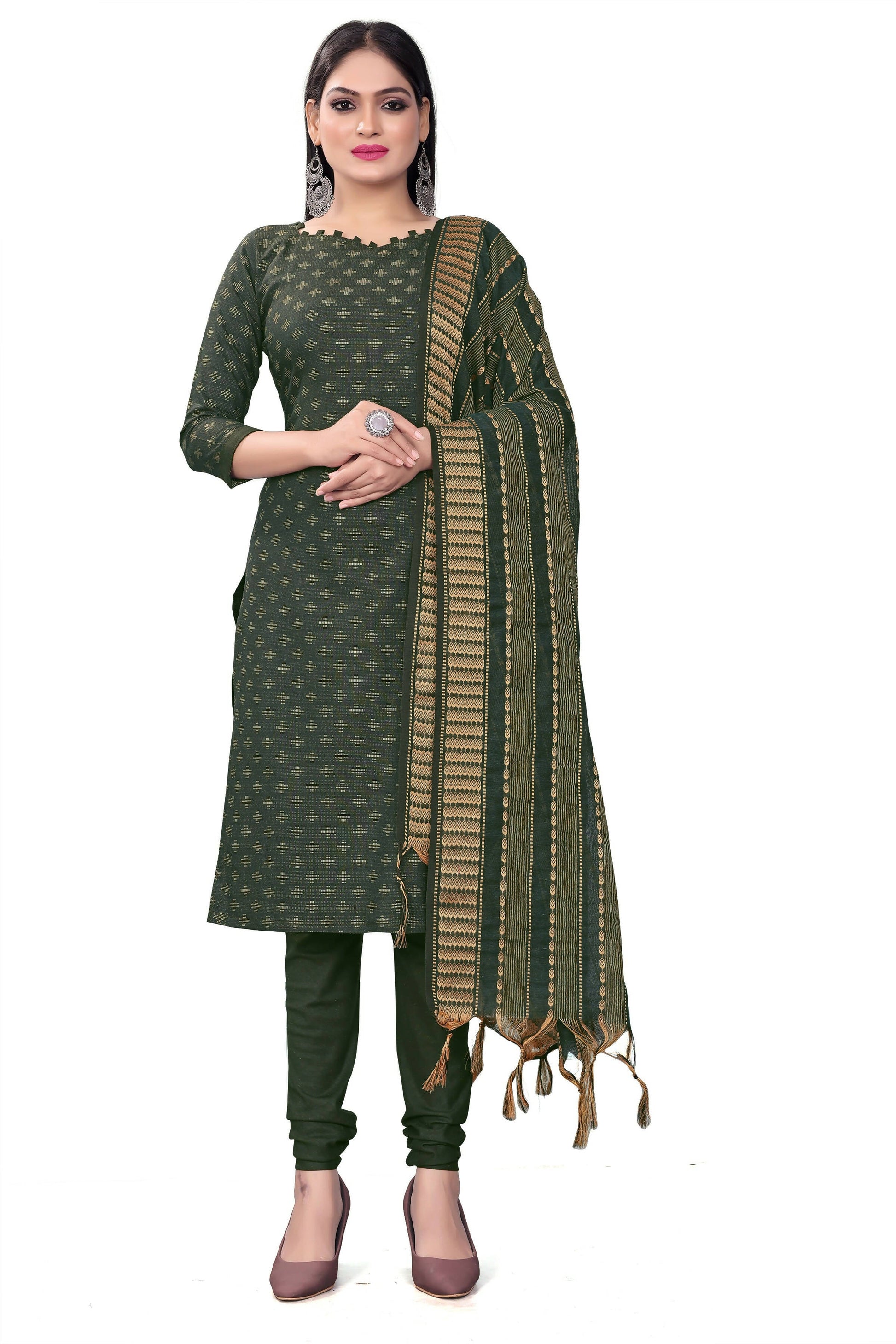 Green Cotton Jacquard Woven Unstitched Dress Material - Amara