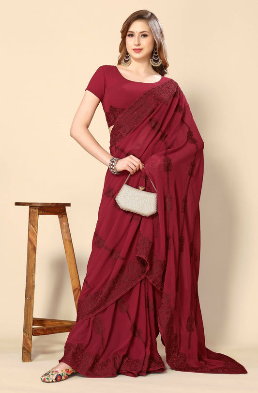 Maroon Georgette Embroidered and Stone Work Saree with Unstitched Blouse Piece - Roozal