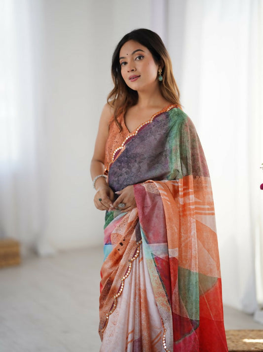 Multi Chinon Designer Digital Printed,Mirror Cut Work Saree - Sohni