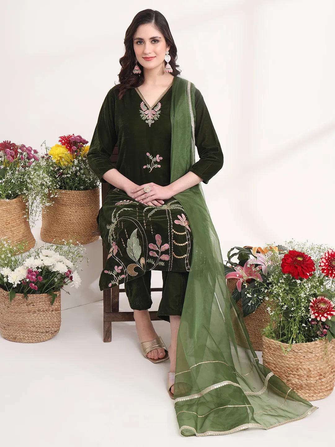 Yufta Olive Straight Embroidery Kurta And Trouser With Dupatta Set