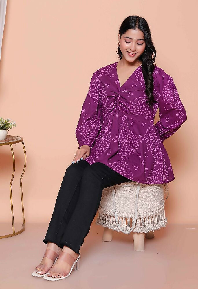 Miravan Womens Purple Bandhani Printed Butterfly Style Top