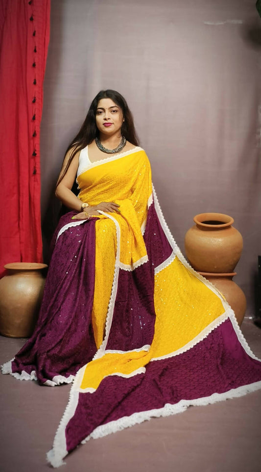 Exclusive Collection Chikankari Sequence Grab2Buy - Yellow & Maroon 