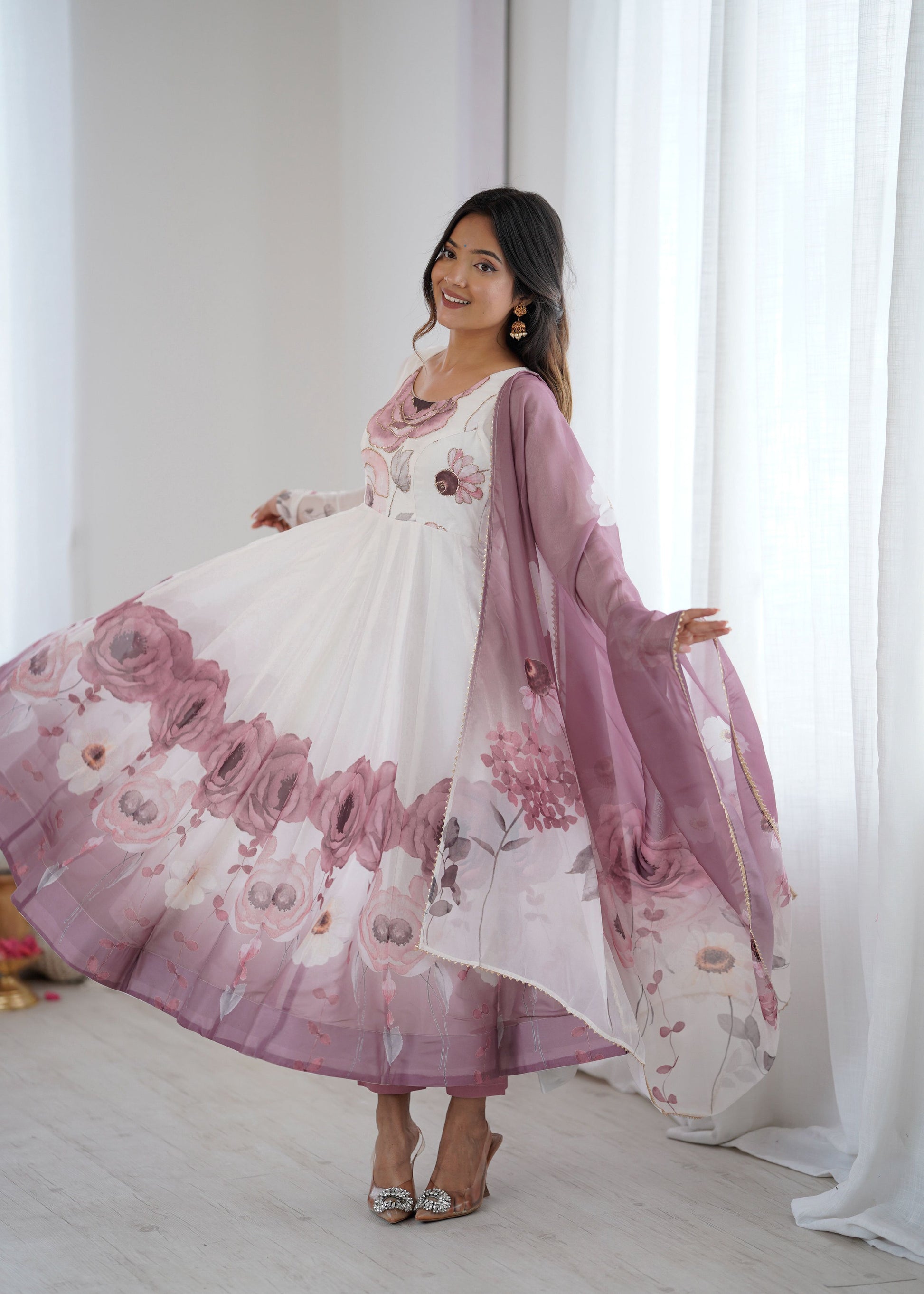 Evanik Onion Pink Soft Organza Silk With Floral Print Fully Flared Anarkali Pant With Dupatta Set
