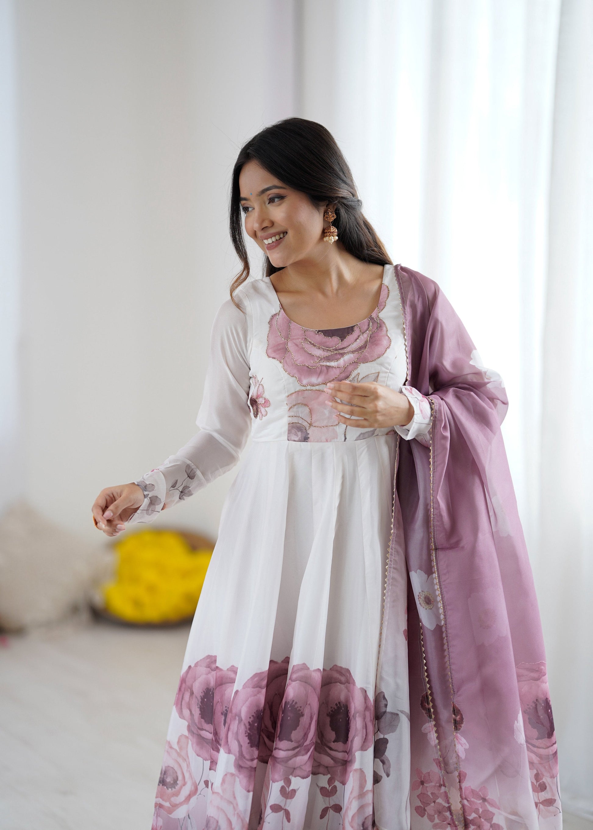 Evanik Onion Pink Soft Organza Silk With Floral Print Fully Flared Anarkali Pant With Dupatta Set