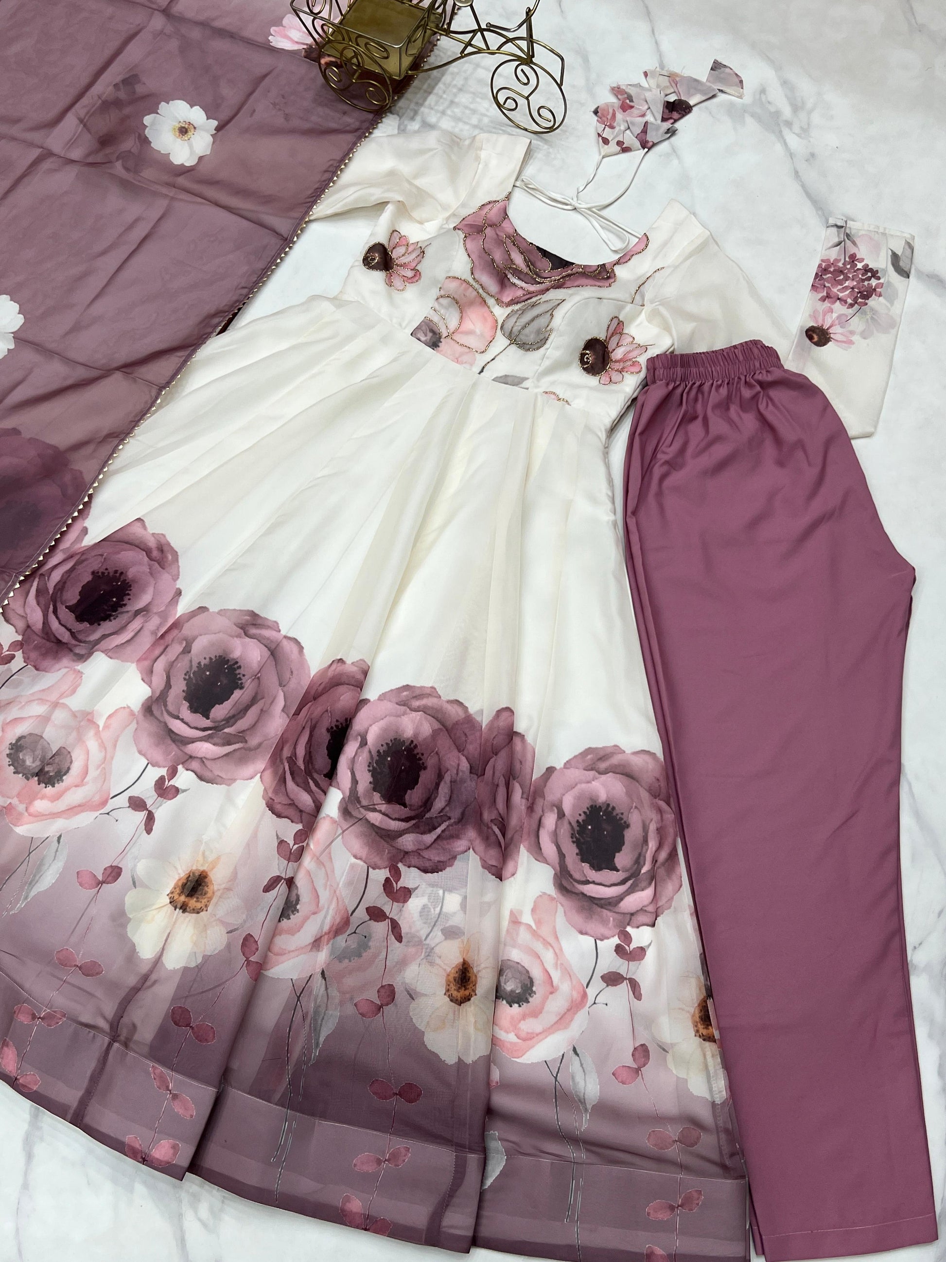 Evanik Onion Pink Soft Organza Silk With Floral Print Fully Flared Anarkali Pant With Dupatta Set