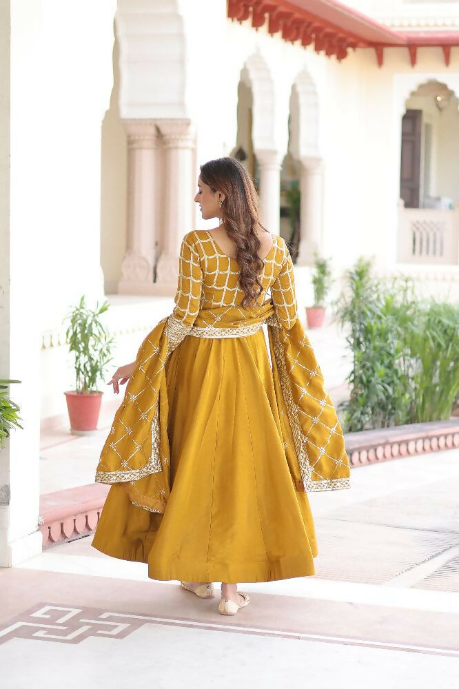 Joban Fashion Yellow Kurta Set Silk Sequins , Zari, Coding & Thread Embroidered work