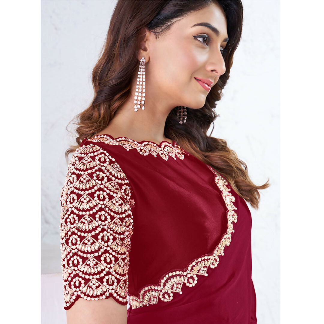 Red Pure Crepe Silk Moti With Hand Work Saree With Unstitched Blouse - Norita Swaraa