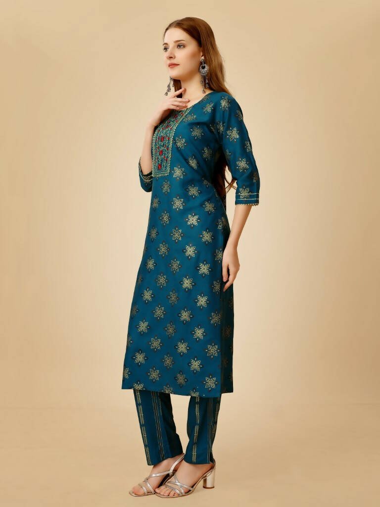 Aastha Fashion Women's Navy Blue Viscose Rayon Embroidered Kurta Pant Set - Grab2buy