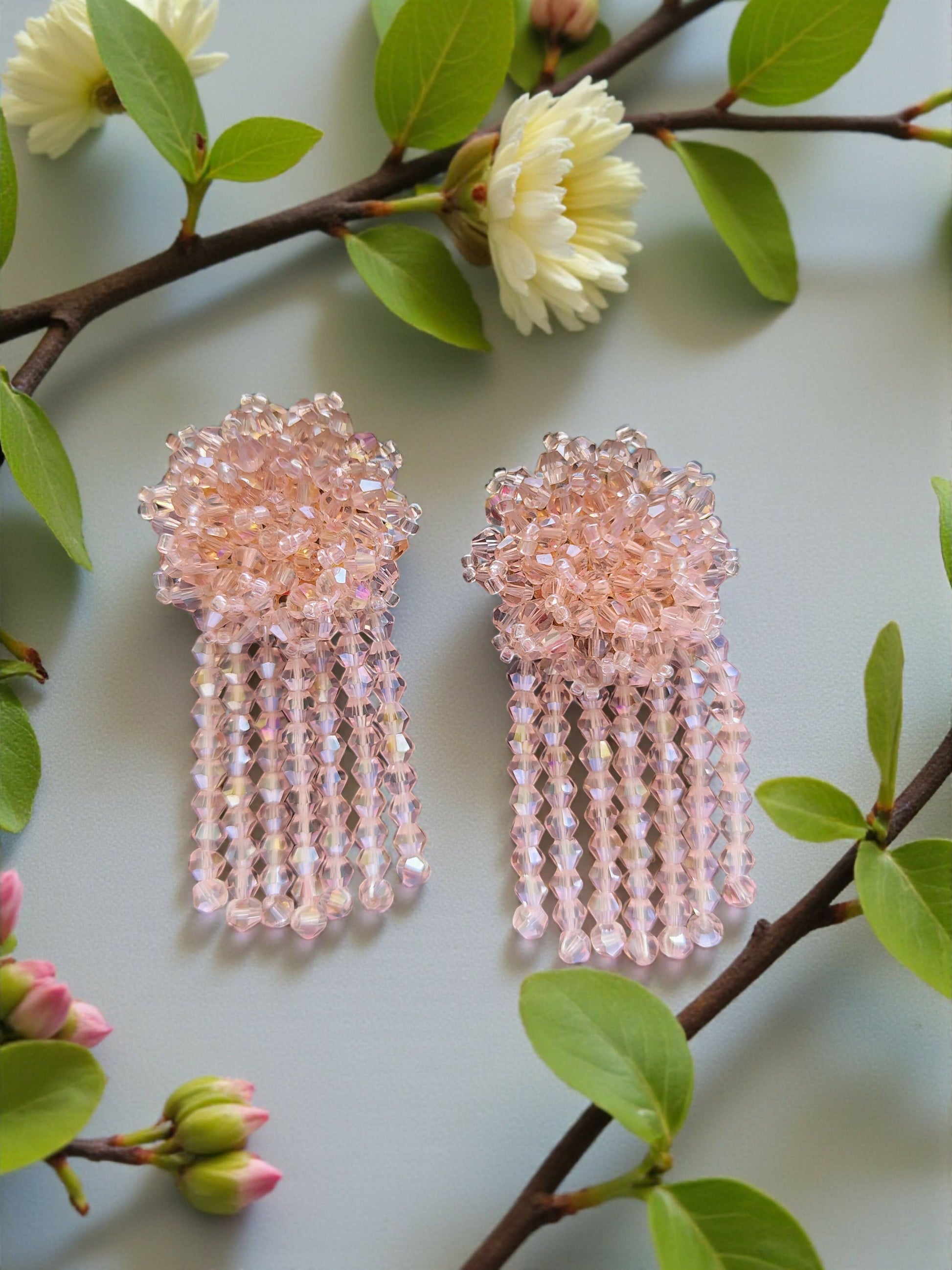 Inhanns Handmade Crystal Water Fall Earrings - Short - Baby Pink Small
