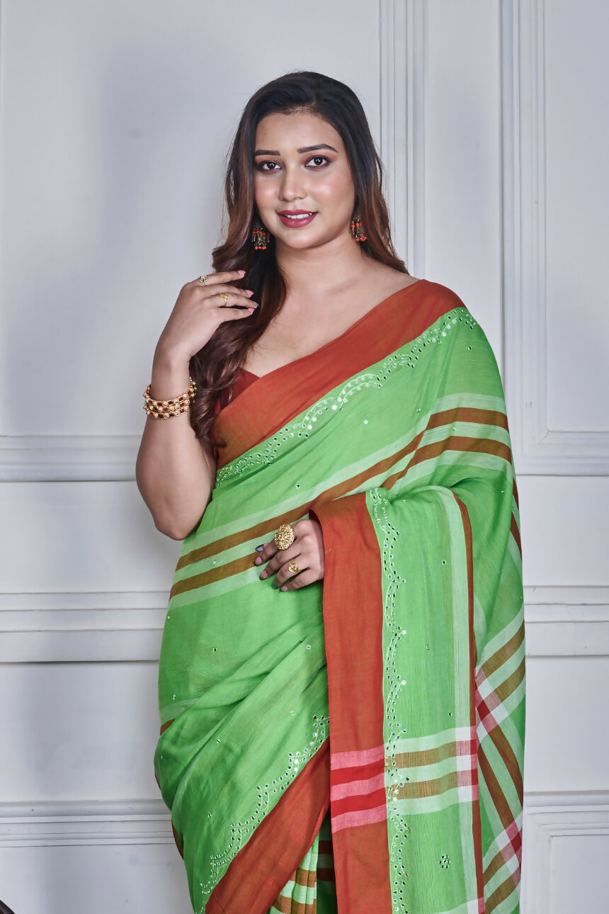 Morchari Green Cotton Handloom Mirror Work Saree Unstitched Blouse
