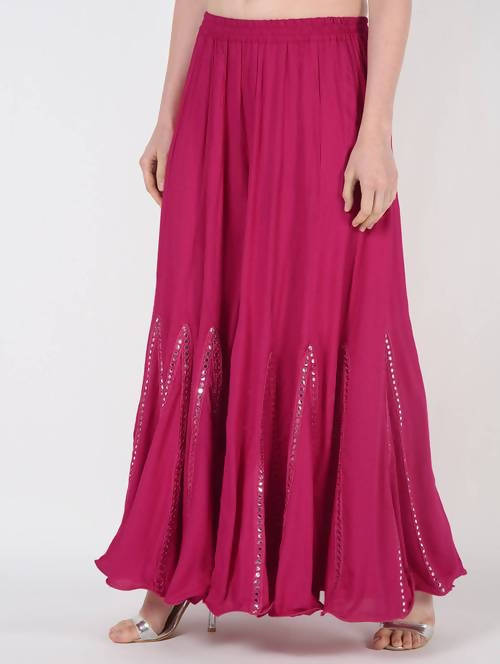 Mominos Fashion Magenta Viscose Rayon Flared Palazzo with Mirror Lace Work - Grab2buy