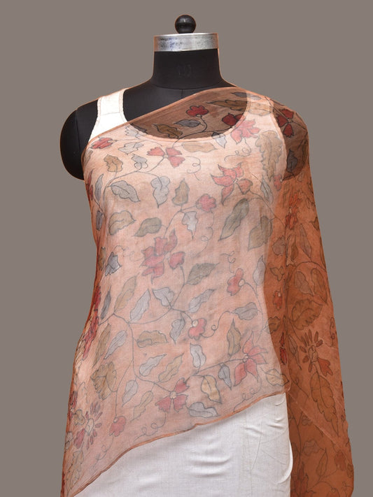 Orange Kalamkari Hand Painted Organza Stole with Floral Design - Global Threads - Grab2buy