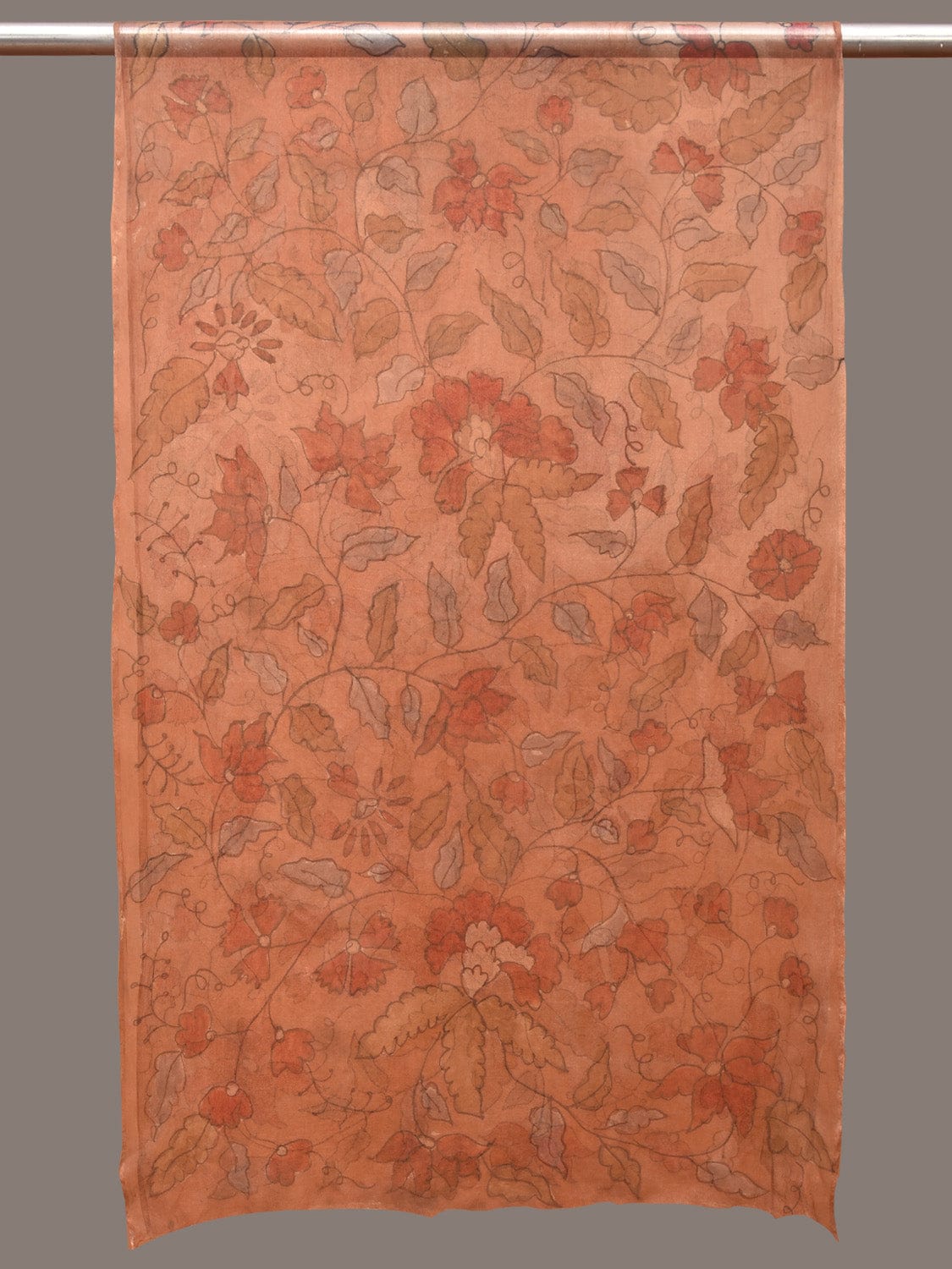 Orange Kalamkari Hand Painted Organza Stole with Floral Design - Global Threads - Grab2buy
