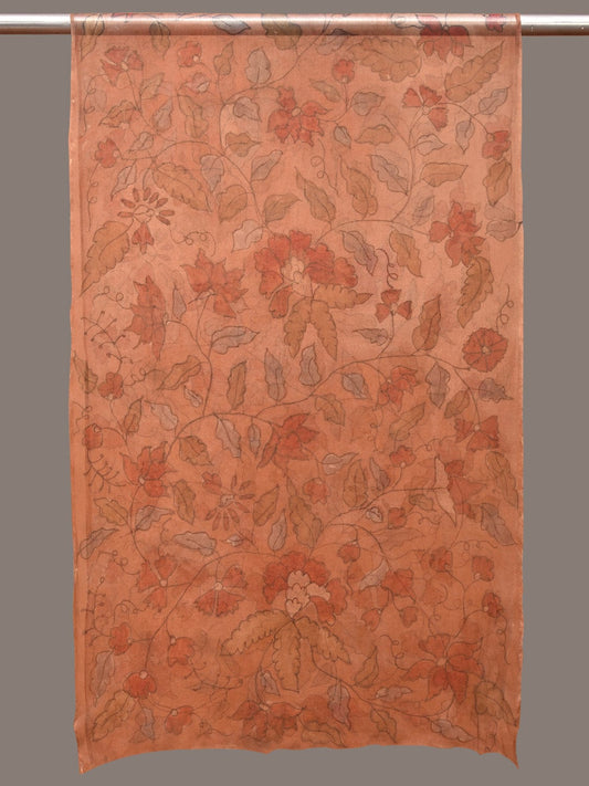 Orange Kalamkari Hand Painted Organza Stole with Floral Design - Global Threads - Grab2buy