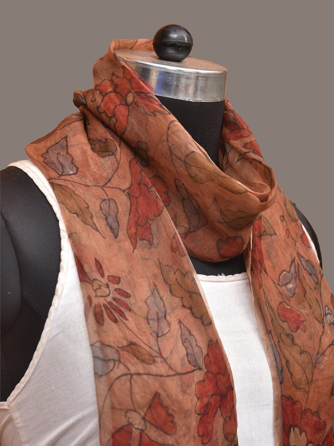 Orange Kalamkari Hand Painted Organza Stole with Floral Design - Global Threads - Grab2buy