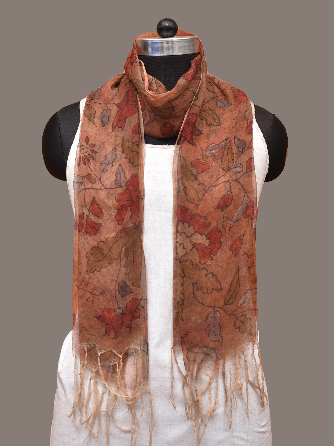 Orange Kalamkari Hand Painted Organza Stole with Floral Design - Global Threads - Grab2buy