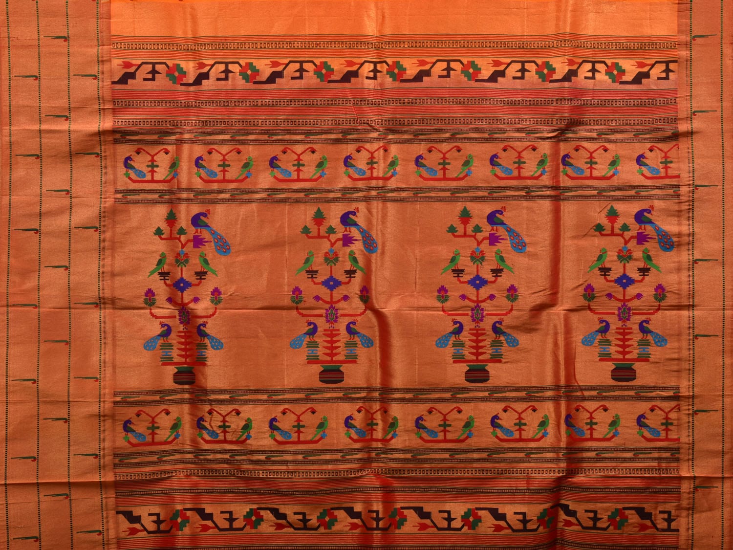Orange Paithani Silk Handloom Grab2Buy with Triple Muniya Border Design - Global Threads 